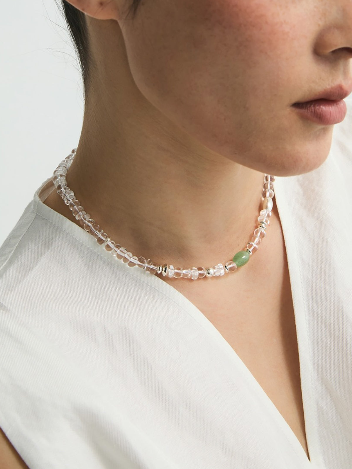 Clear Crystal Beaded Necklace with Green Gemstone Accent-Chicvia