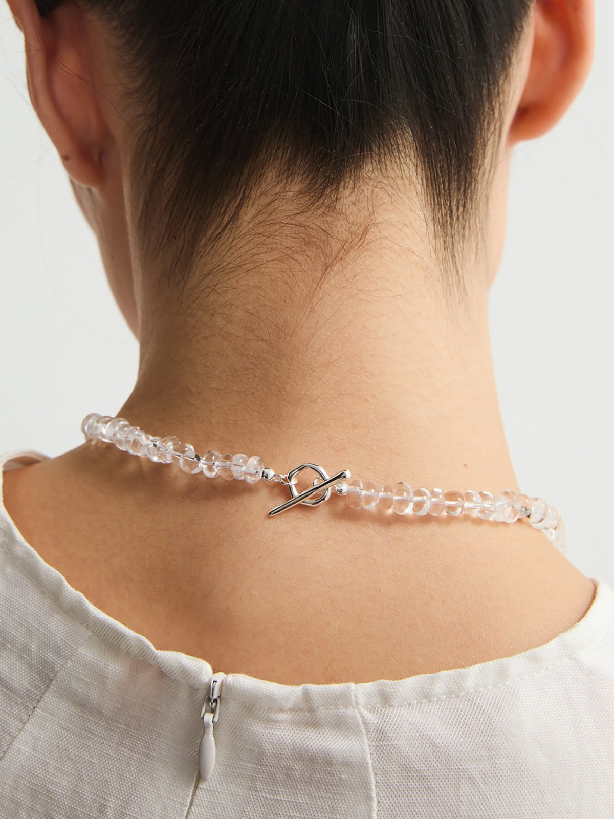 Clear Crystal Beaded Necklace with Green Gemstone Accent-Chicvia