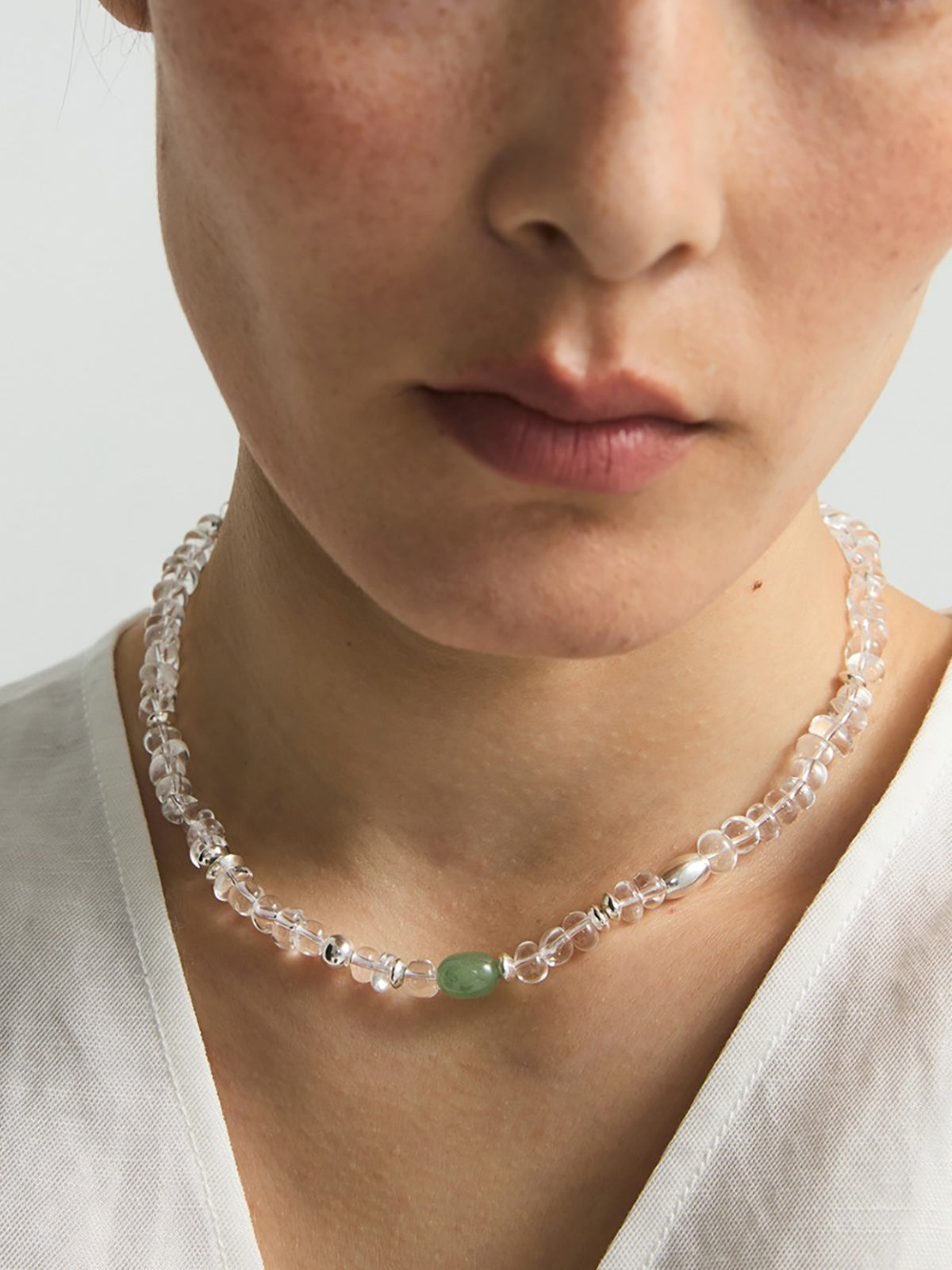 Clear Crystal Beaded Necklace with Green Gemstone Accent-Chicvia