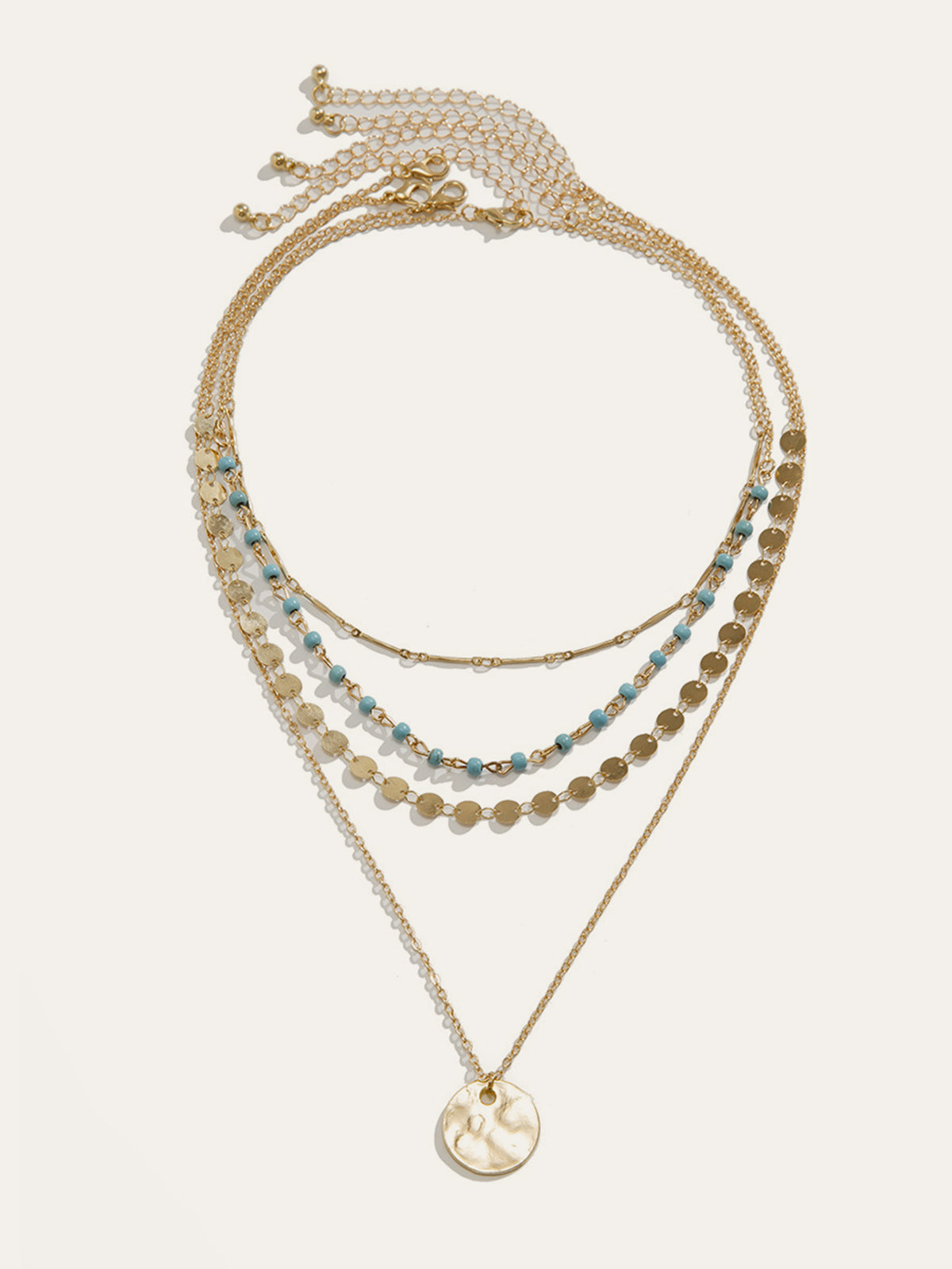 Gold-Tone Layered Necklace with Beads and Disc Pendant-Chicvia