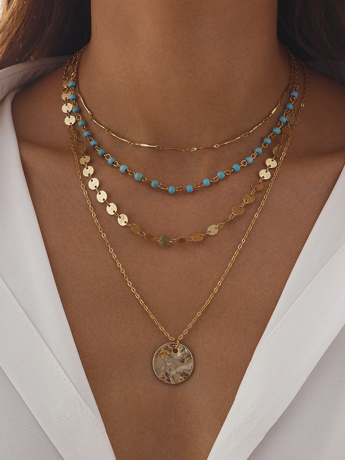 Gold-Tone Layered Necklace with Beads and Disc Pendant-Chicvia