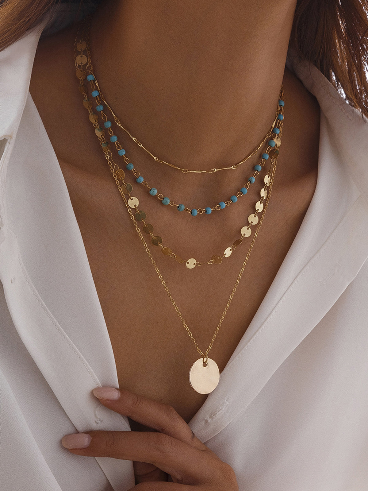 Gold-Tone Layered Necklace with Beads and Disc Pendant-Chicvia