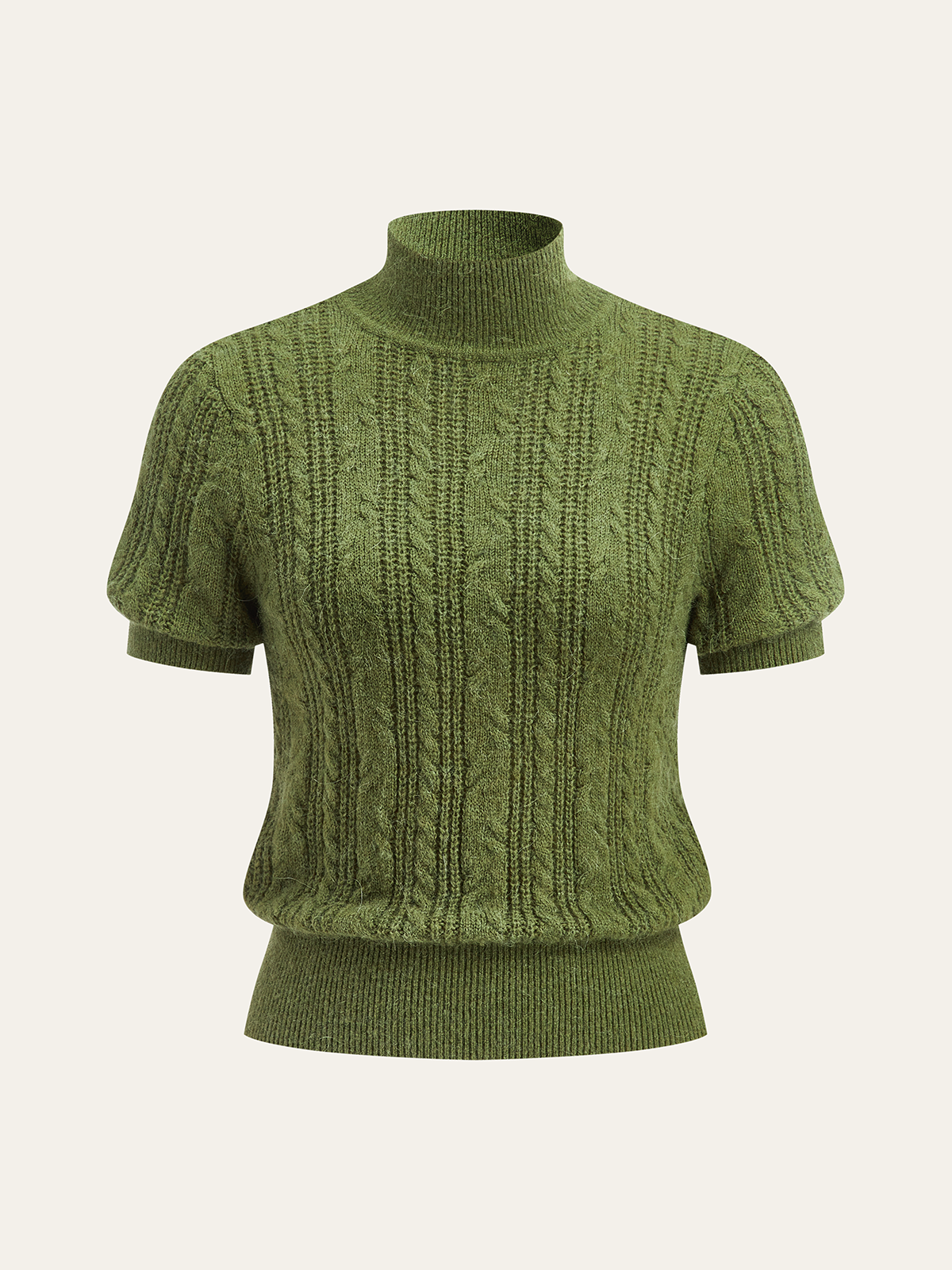 Cable-Knit Mock Neck Short-Sleeve Sweater Top-Chicvia