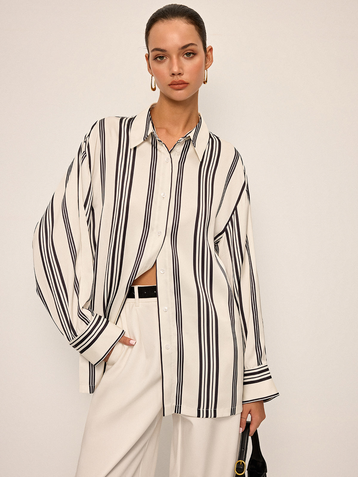 Oversized Satin Striped Shirt with Cut-Out Back Detail-Chicvia