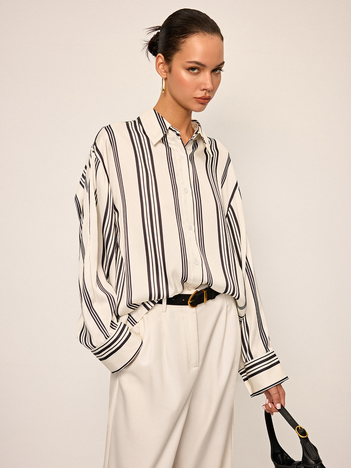 Oversized Satin Striped Shirt with Cut-Out Back Detail-Chicvia