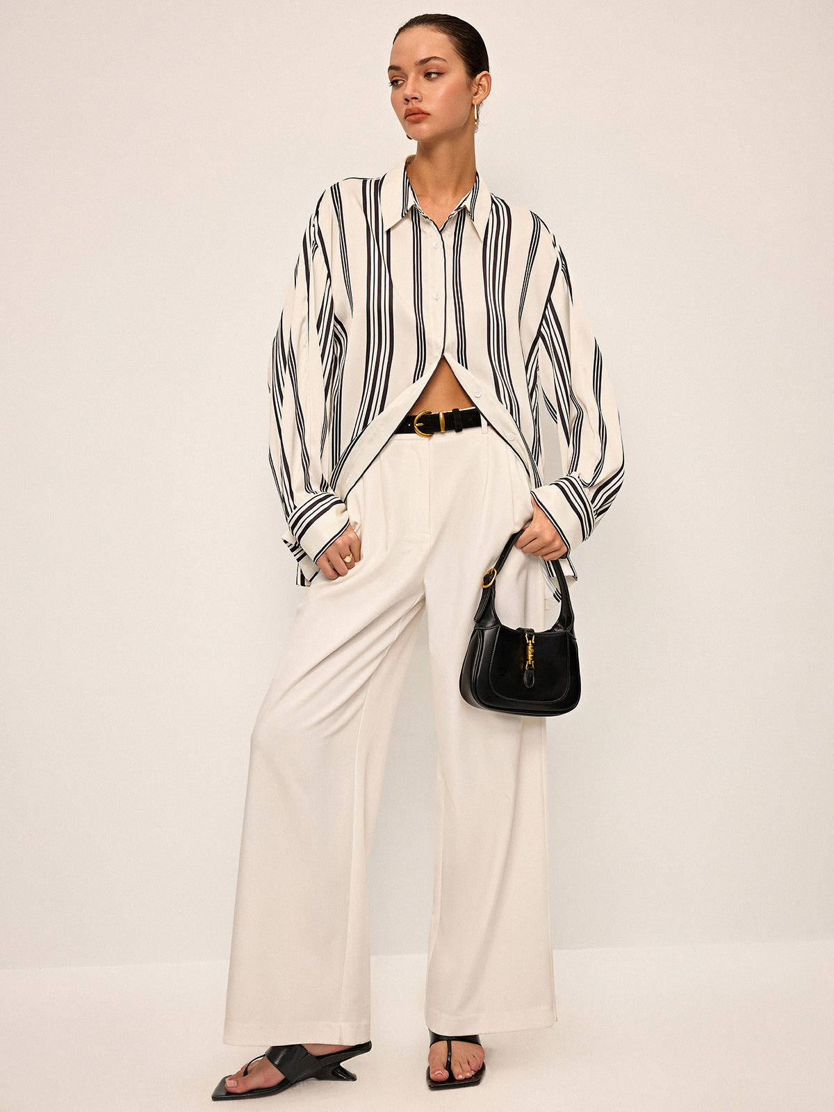 Oversized Satin Striped Shirt with Cut-Out Back Detail-Chicvia