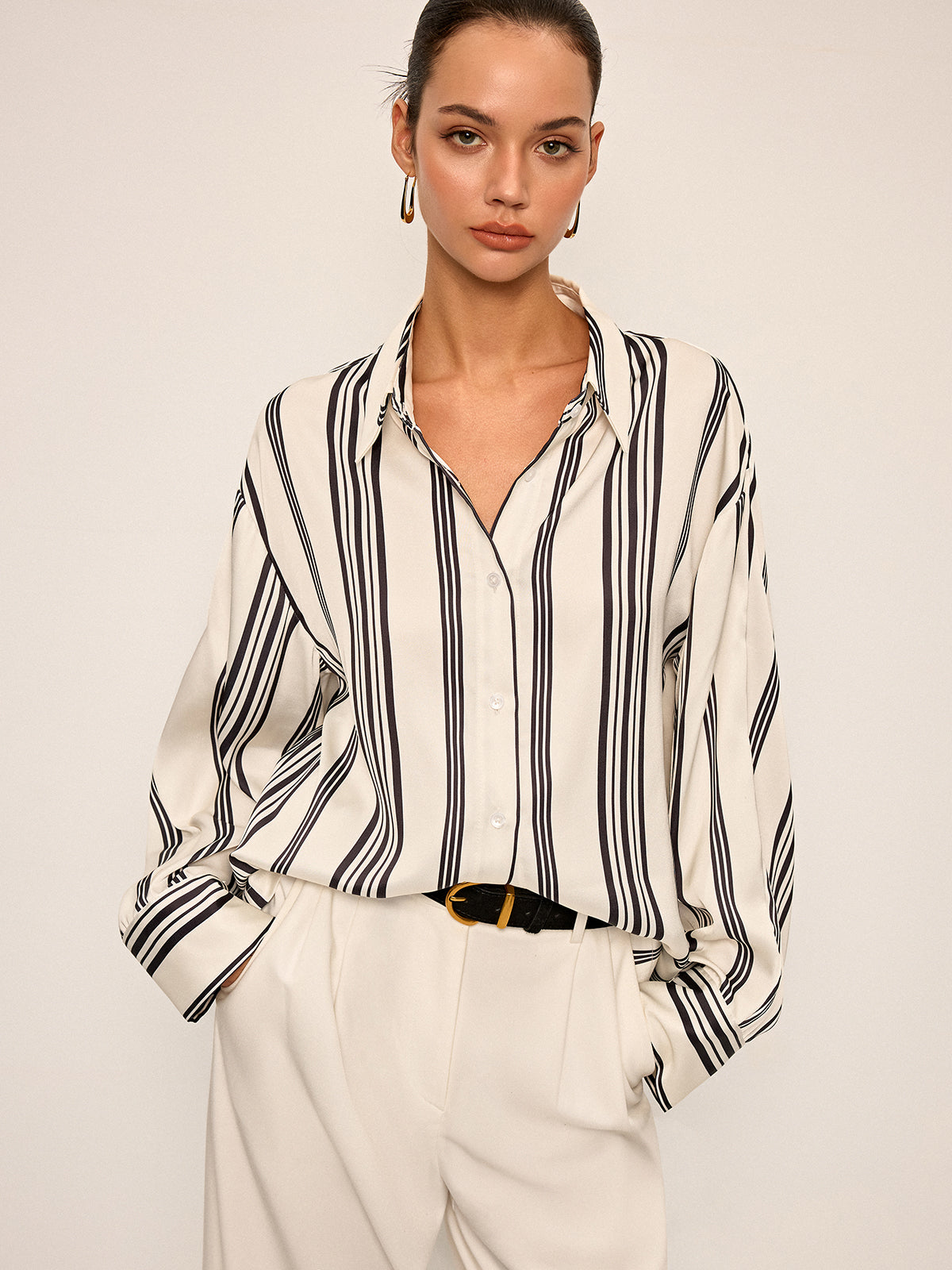 Oversized Satin Striped Shirt with Cut-Out Back Detail-Chicvia