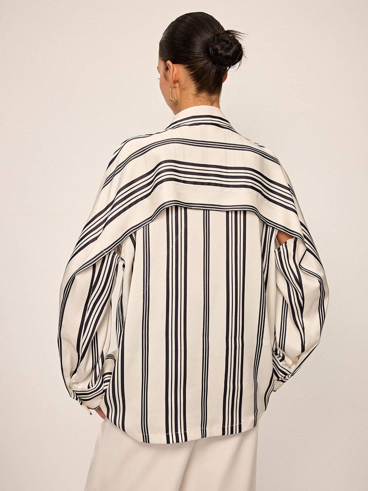 Oversized Satin Striped Shirt with Cut-Out Back Detail-Chicvia