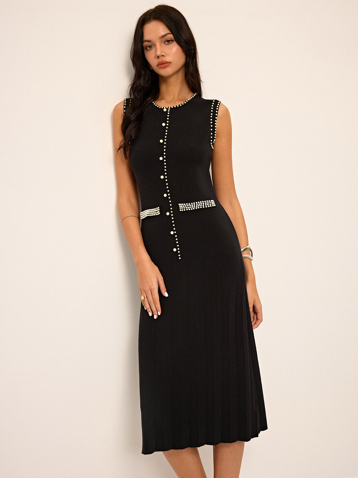 Pearl  Detail Sleeveless Knit Midi Dres-Chicvia