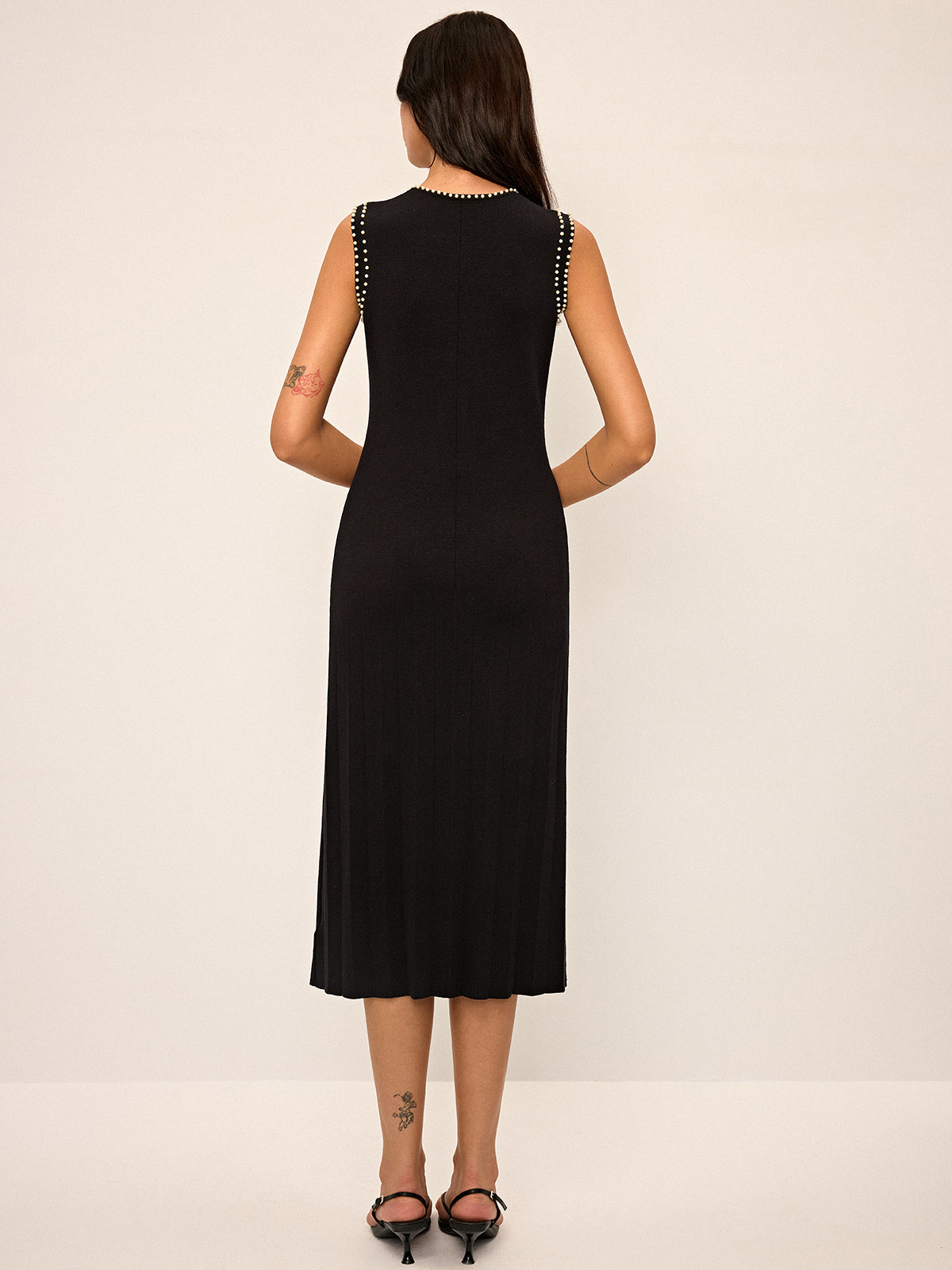 Pearl  Detail Sleeveless Knit Midi Dres-Chicvia