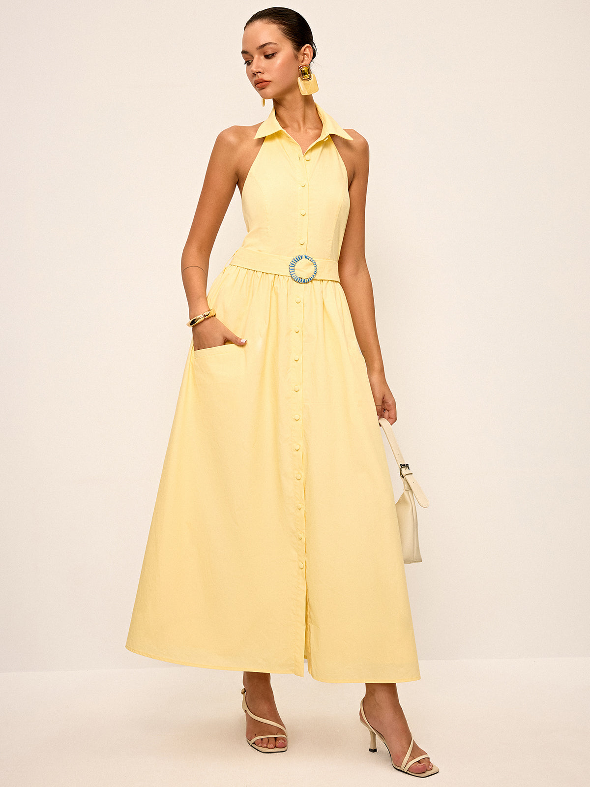 Halter Neck Backless Shirt Dress with Belt-Chicvia