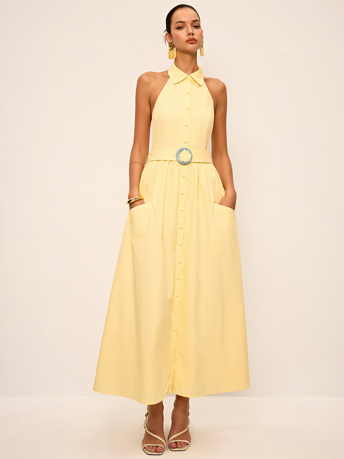 Halter Neck Backless Shirt Dress with Belt-Chicvia