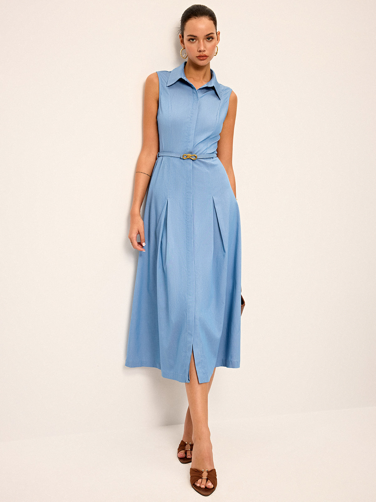 Belted Sleeveless Shirt Midi Dress-Chicvia