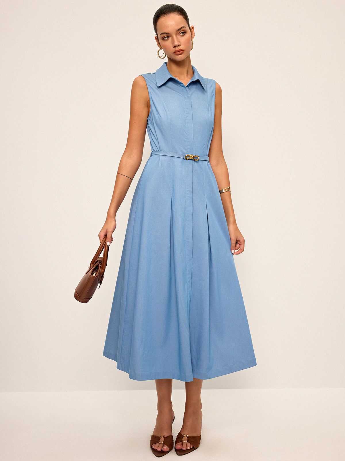 Belted Sleeveless Shirt Midi Dress-Chicvia