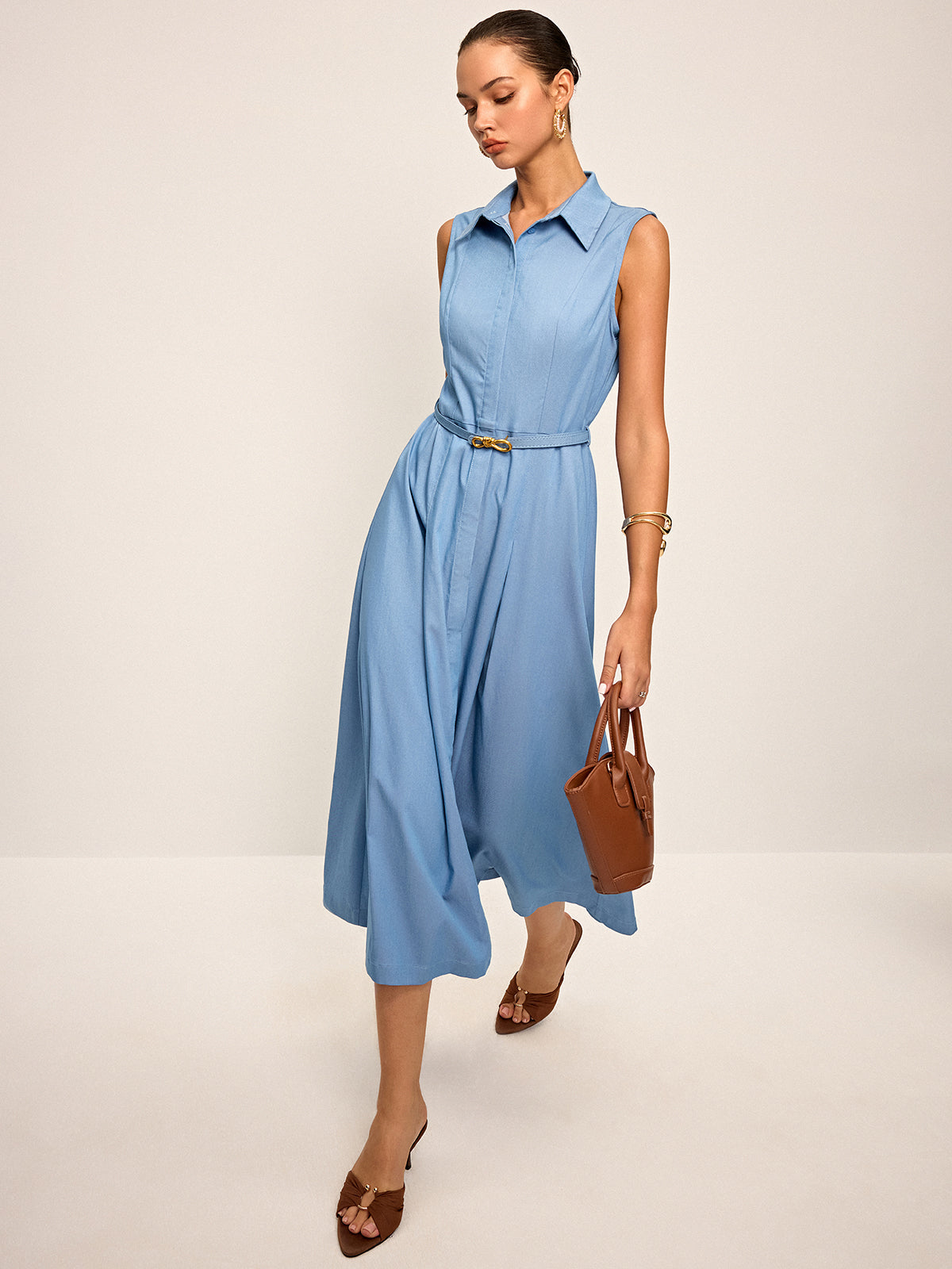Belted Sleeveless Shirt Midi Dress-Chicvia