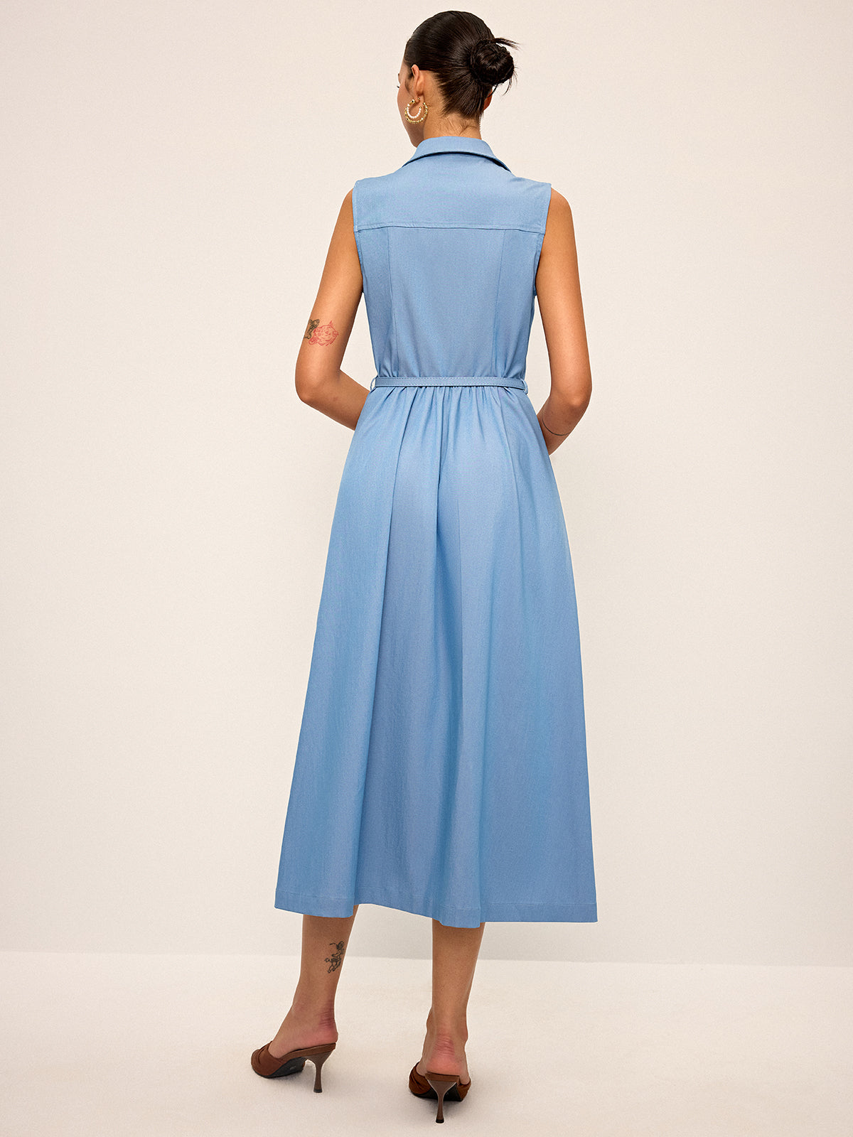 Belted Sleeveless Shirt Midi Dress-Chicvia