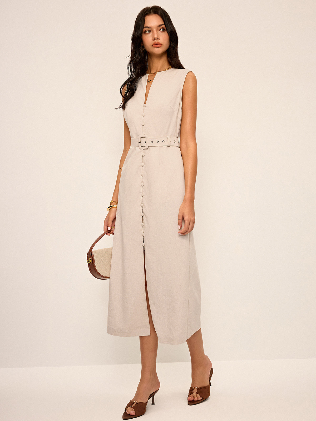 Cotton & Linen Blend V-Neck Belted Midi Dress-Chicvia