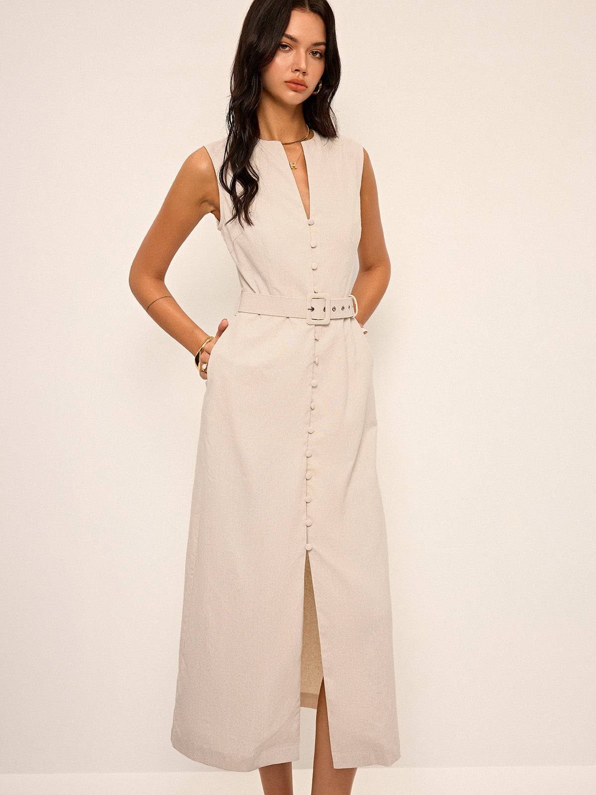 Cotton & Linen Blend V-Neck Belted Midi Dress-Chicvia