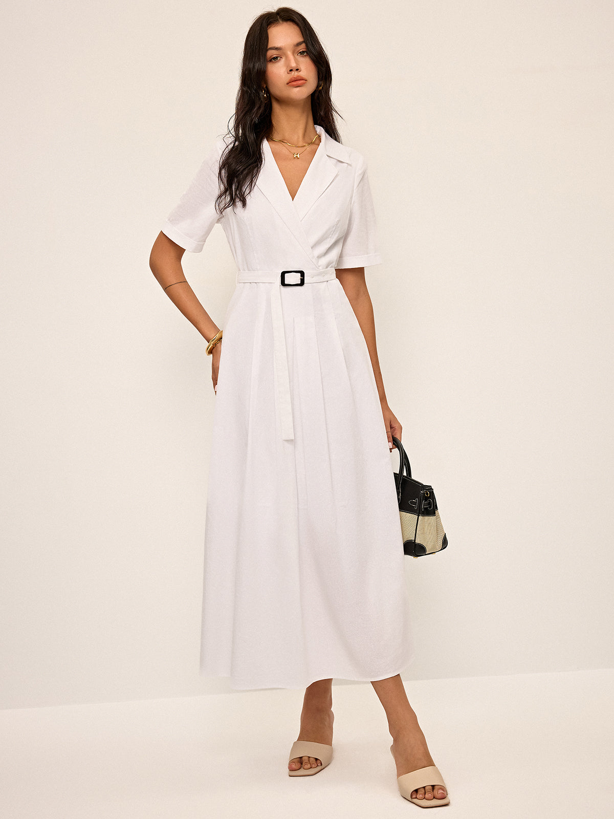 Linen & Blend Belted Pleated Shirt Dress-Chicvia