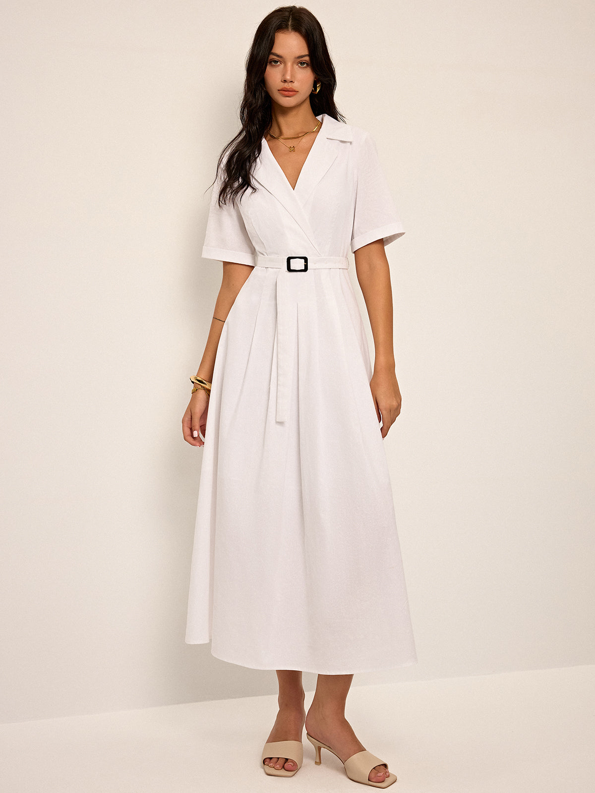 Linen & Blend Belted Pleated Shirt Dress-Chicvia