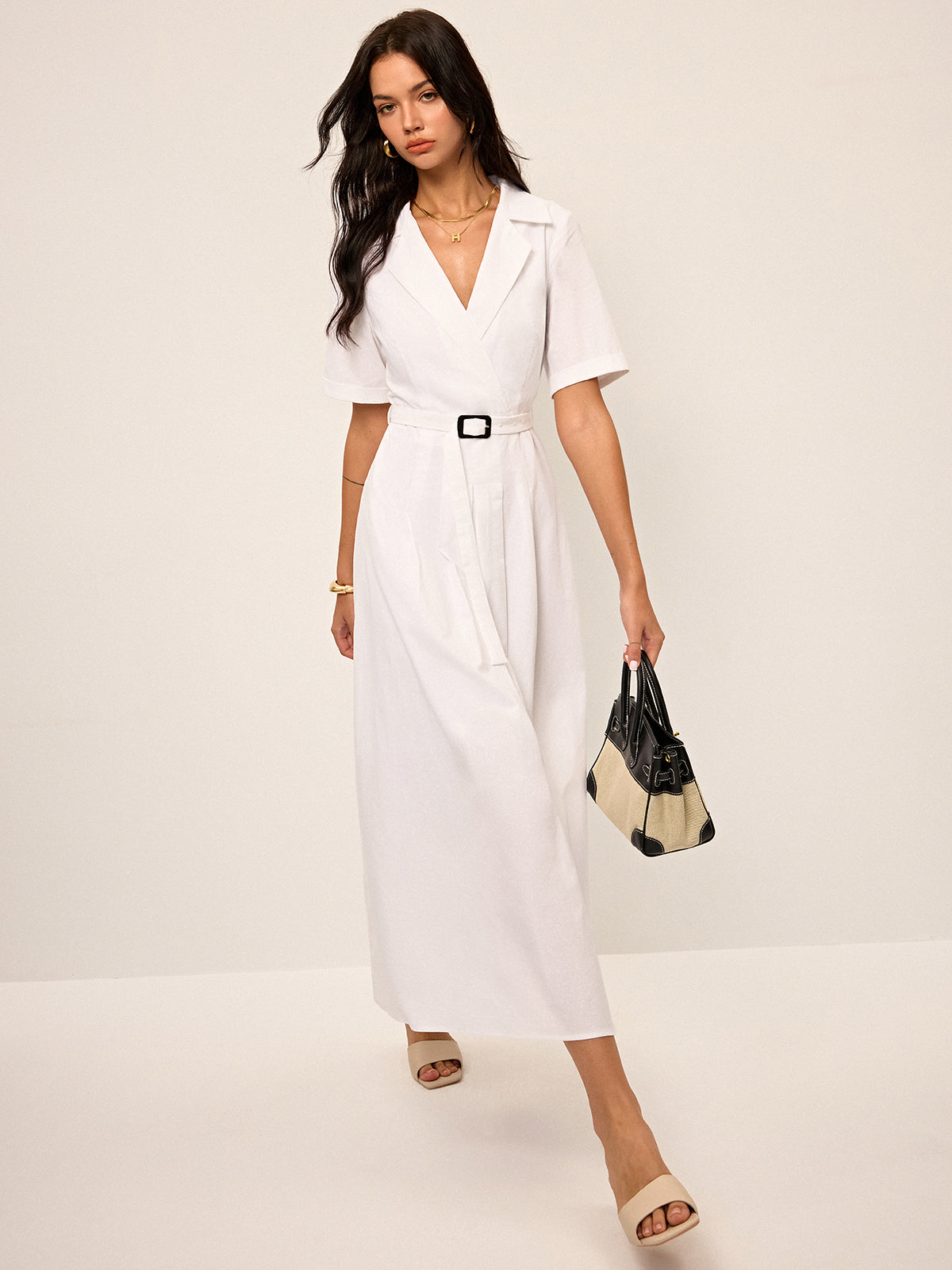Linen & Blend Belted Pleated Shirt Dress-Chicvia