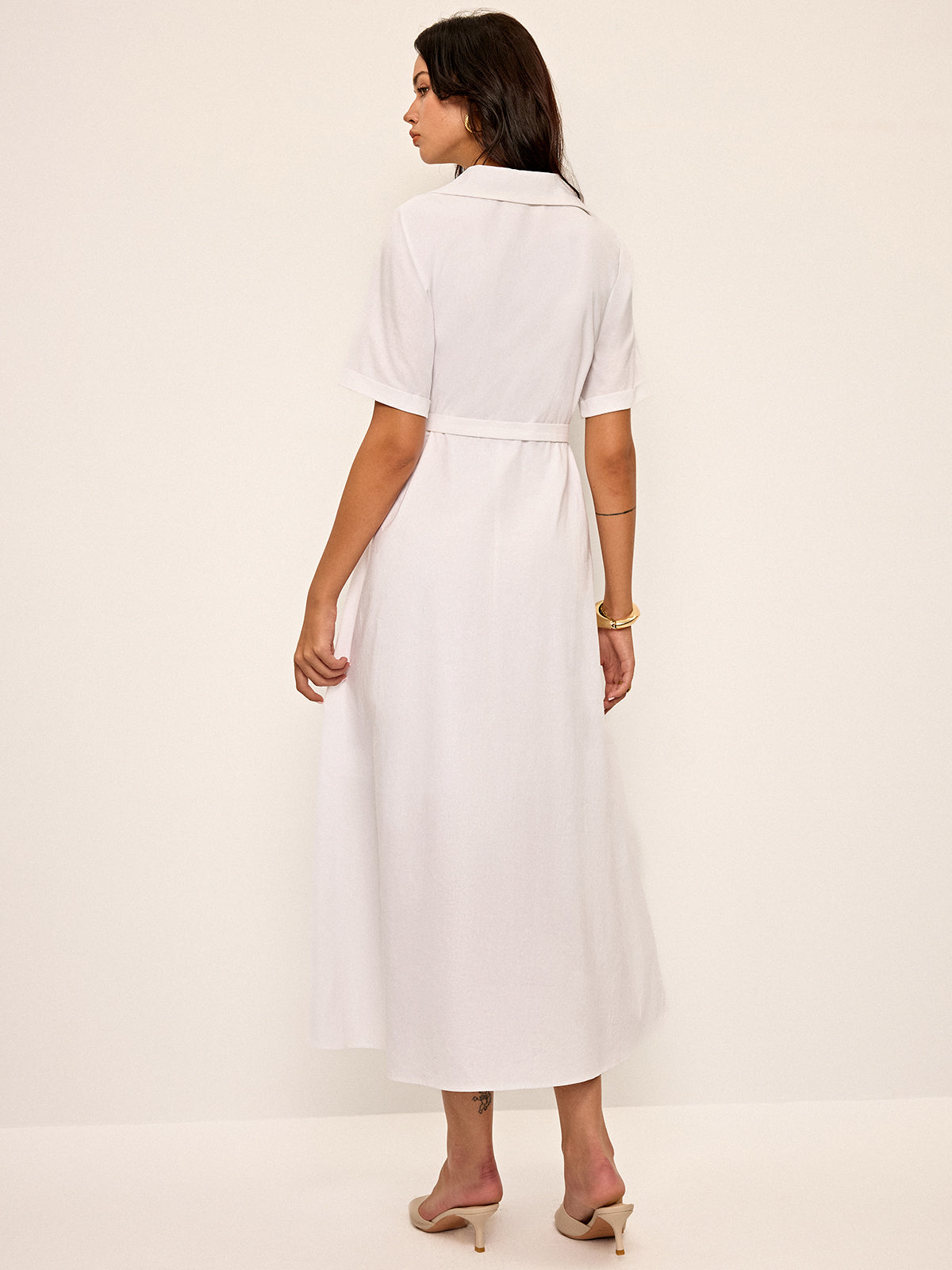 Linen & Blend Belted Pleated Shirt Dress-Chicvia