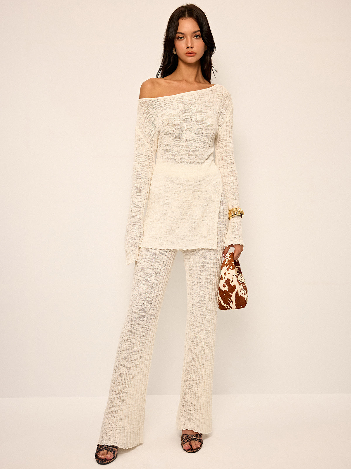 Off-Shoulder Sheer Knit Top and Flared Pants Set-Chicvia