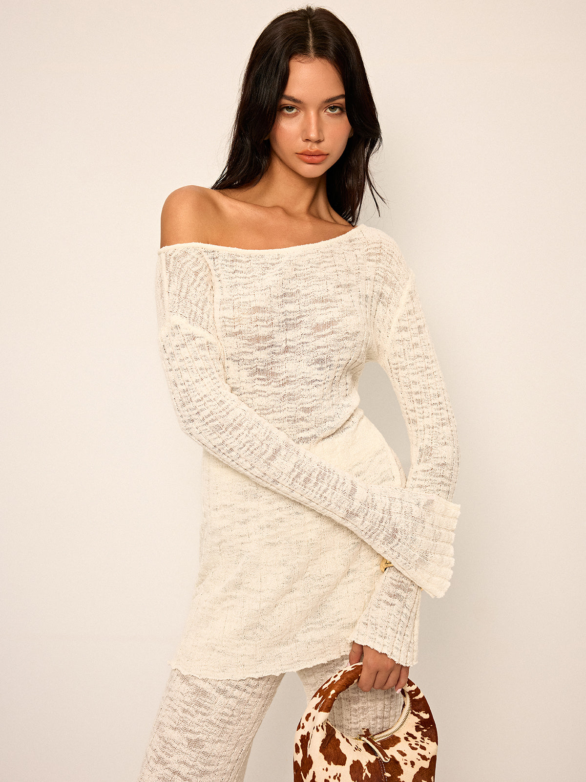 Off-Shoulder Sheer Knit Top and Flared Pants Set-Chicvia