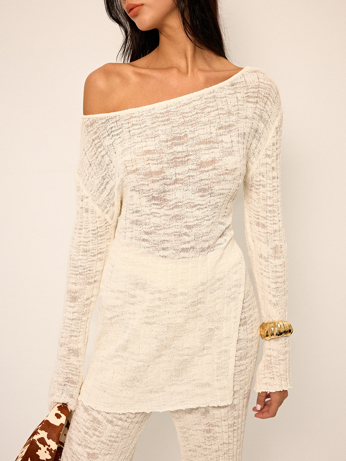 Off-Shoulder Sheer Knit Top and Flared Pants Set-Chicvia