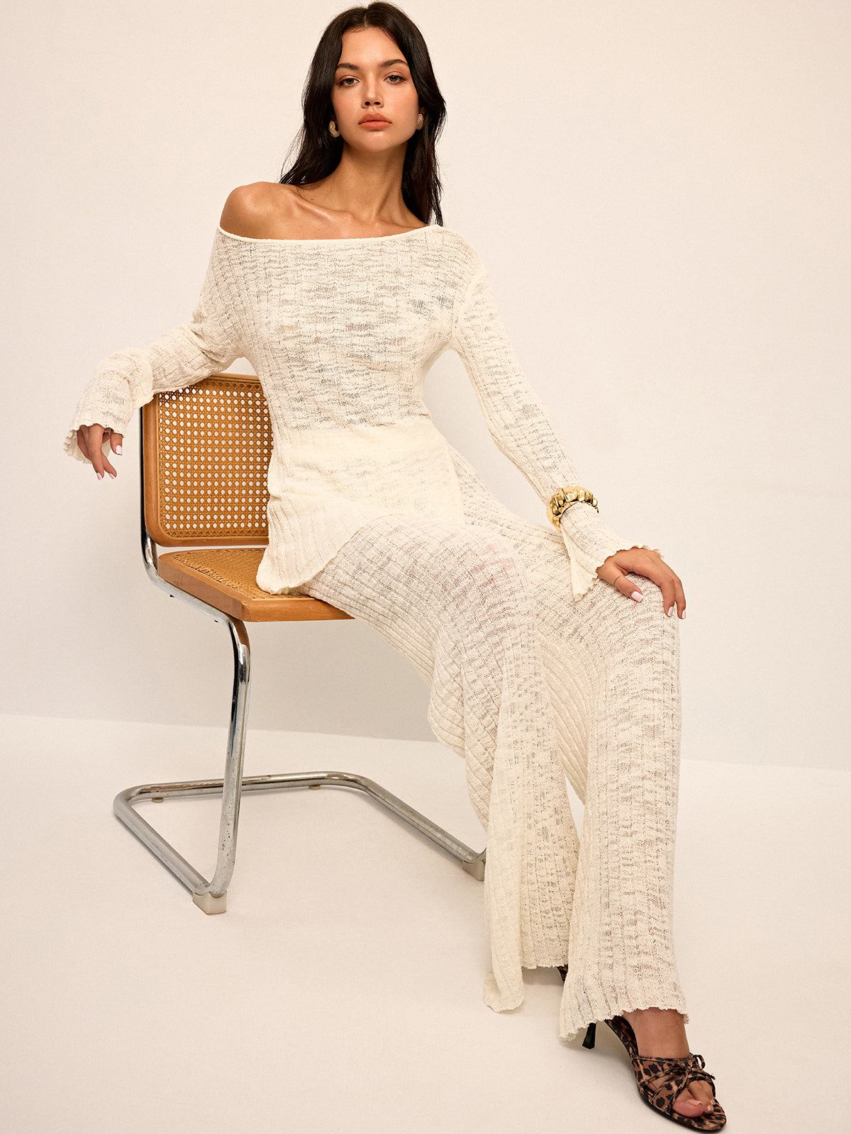 Off-Shoulder Sheer Knit Top and Flared Pants Set-Chicvia