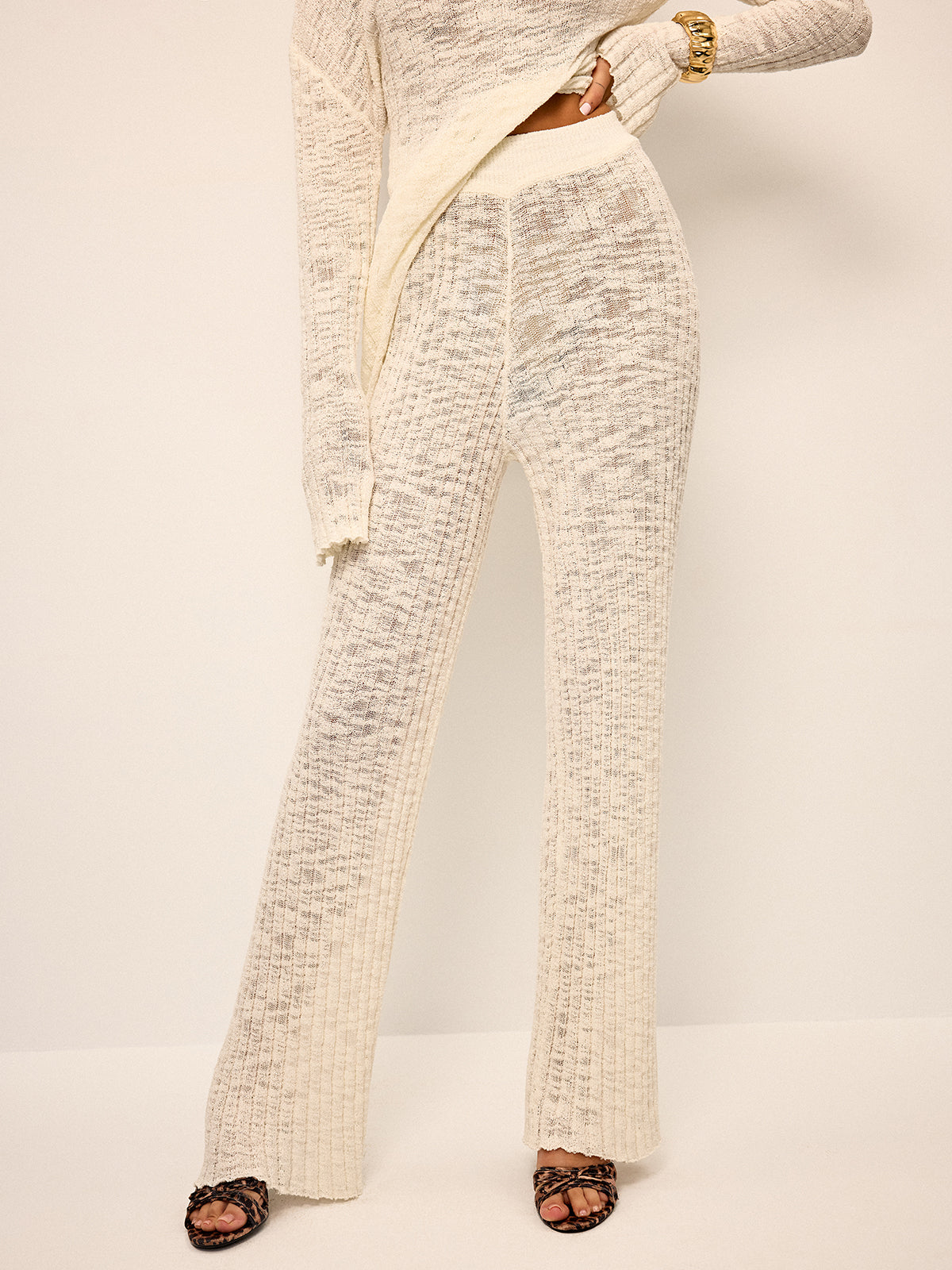 Off-Shoulder Sheer Knit Top and Flared Pants Set-Chicvia