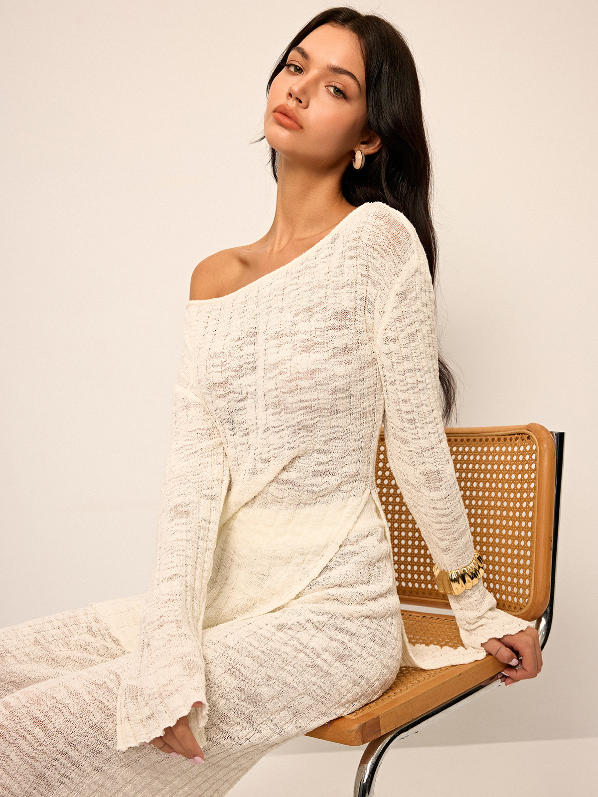 Off-Shoulder Sheer Knit Top and Flared Pants Set-Chicvia