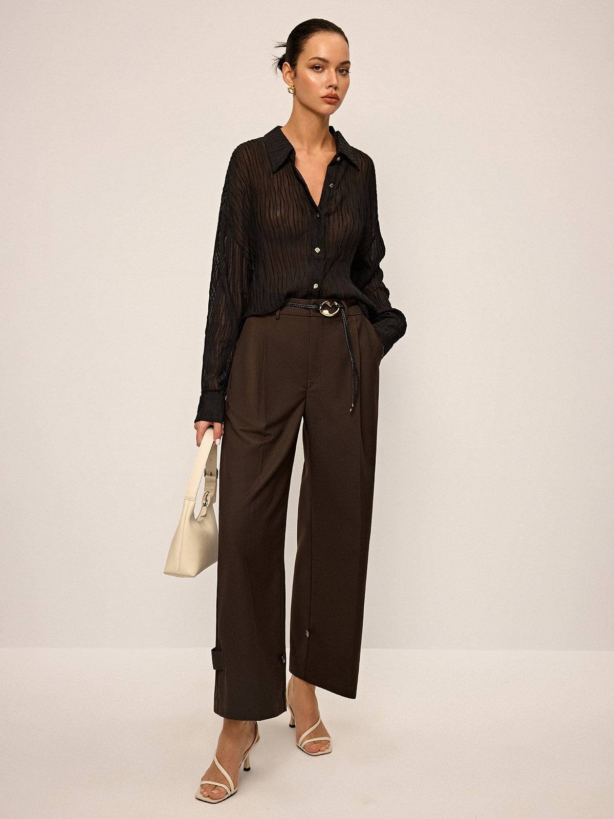 Pleated Wide-Leg Pants with Ankle Button Detail-Chicvia