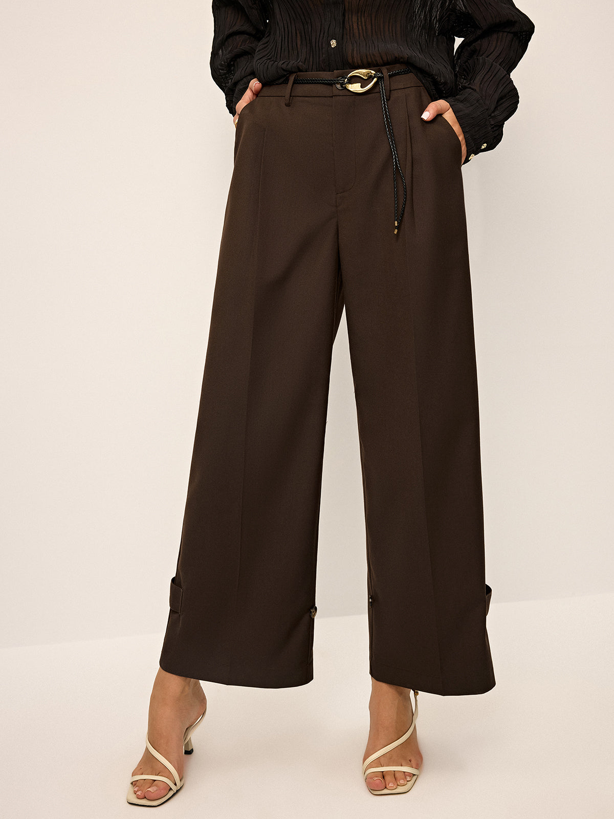 Pleated Wide-Leg Pants with Ankle Button Detail-Chicvia