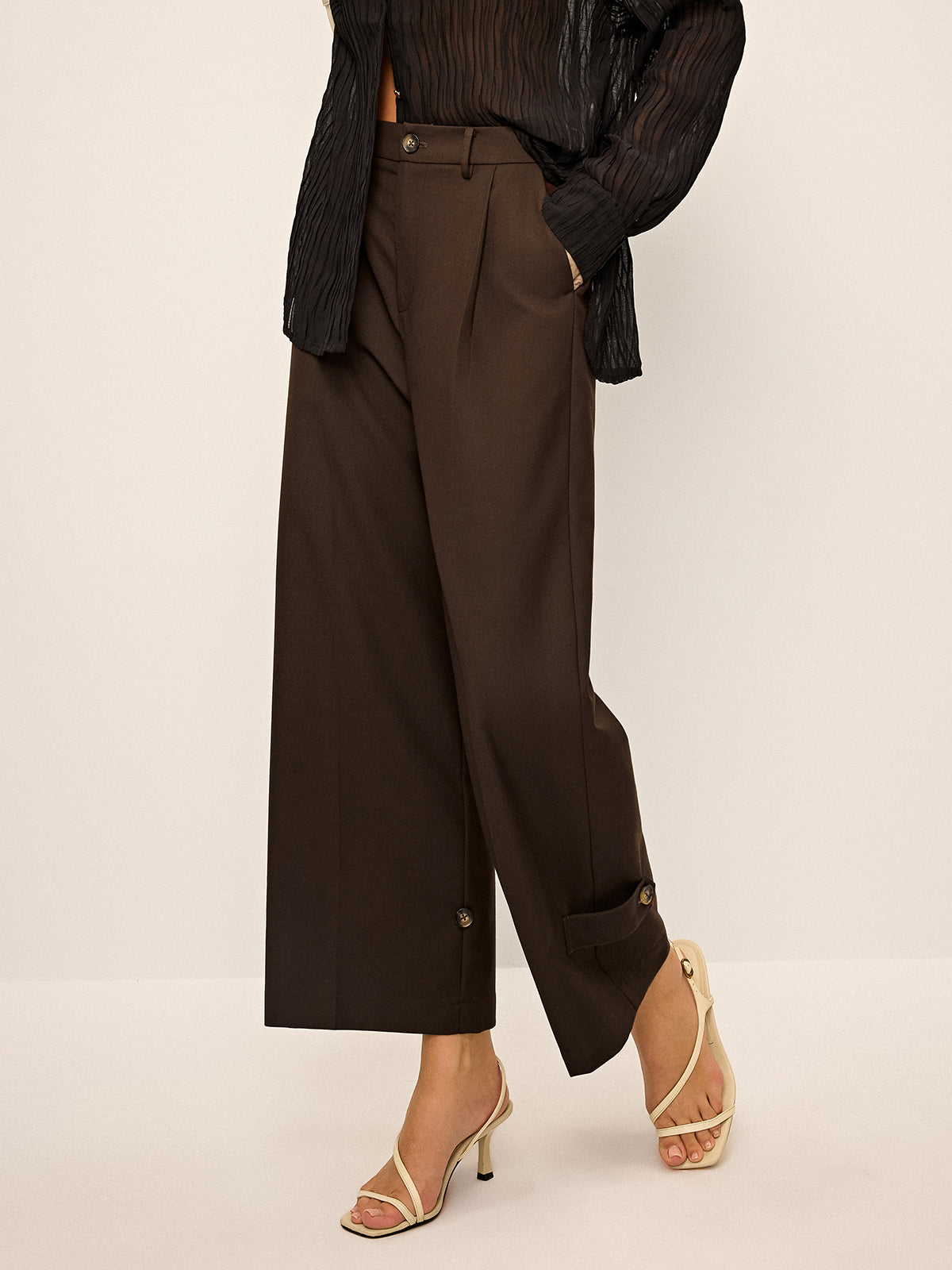 Pleated Wide-Leg Pants with Ankle Button Detail-Chicvia