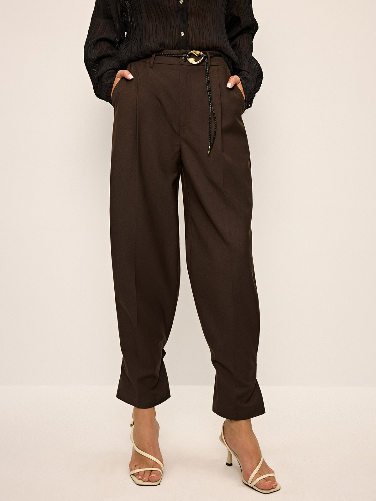 Pleated Wide-Leg Pants with Ankle Button Detail-Chicvia