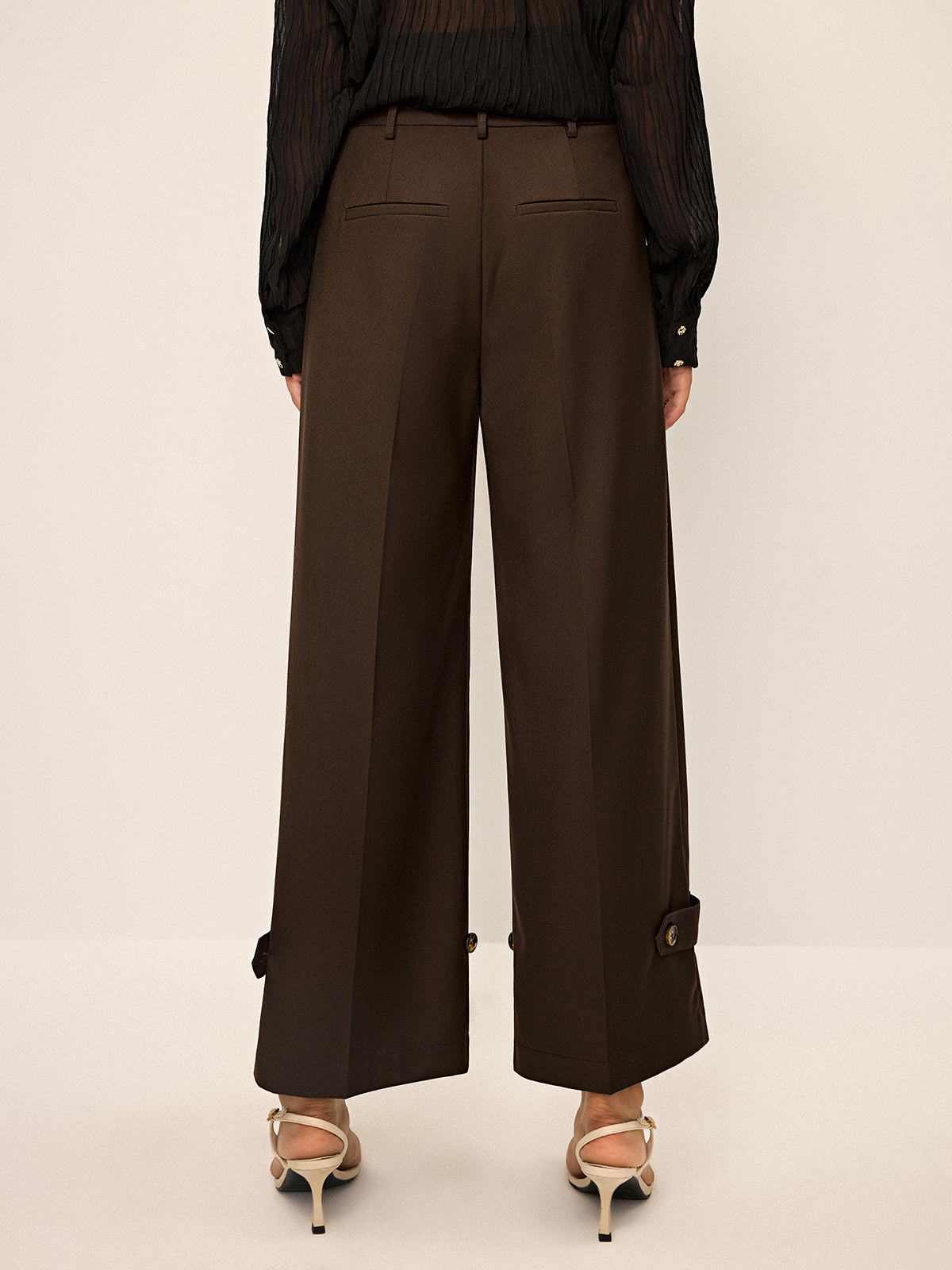 Pleated Wide-Leg Pants with Ankle Button Detail-Chicvia