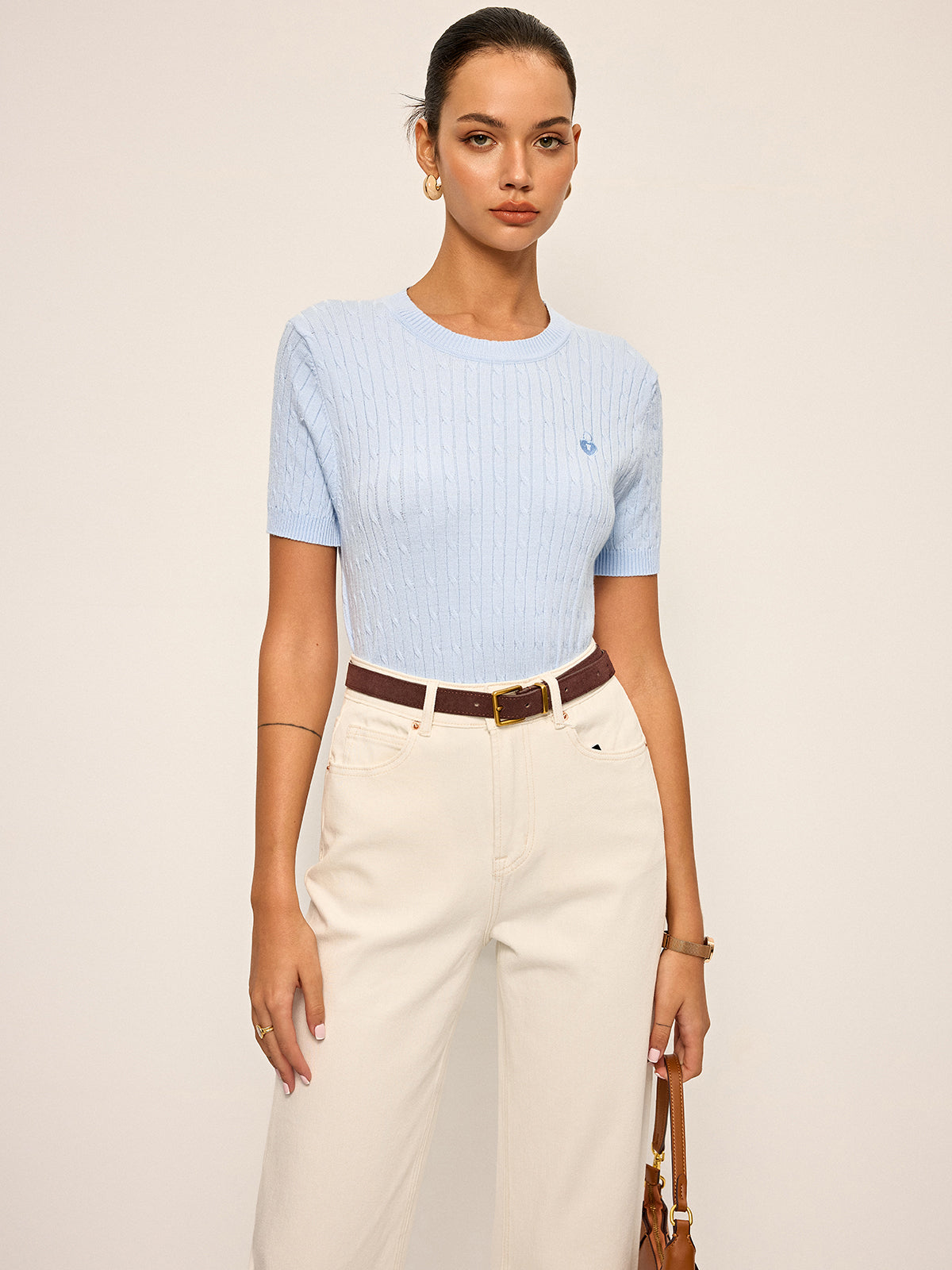 Heart Embroidered Crew Neck Cable Knit Top-Chicvia