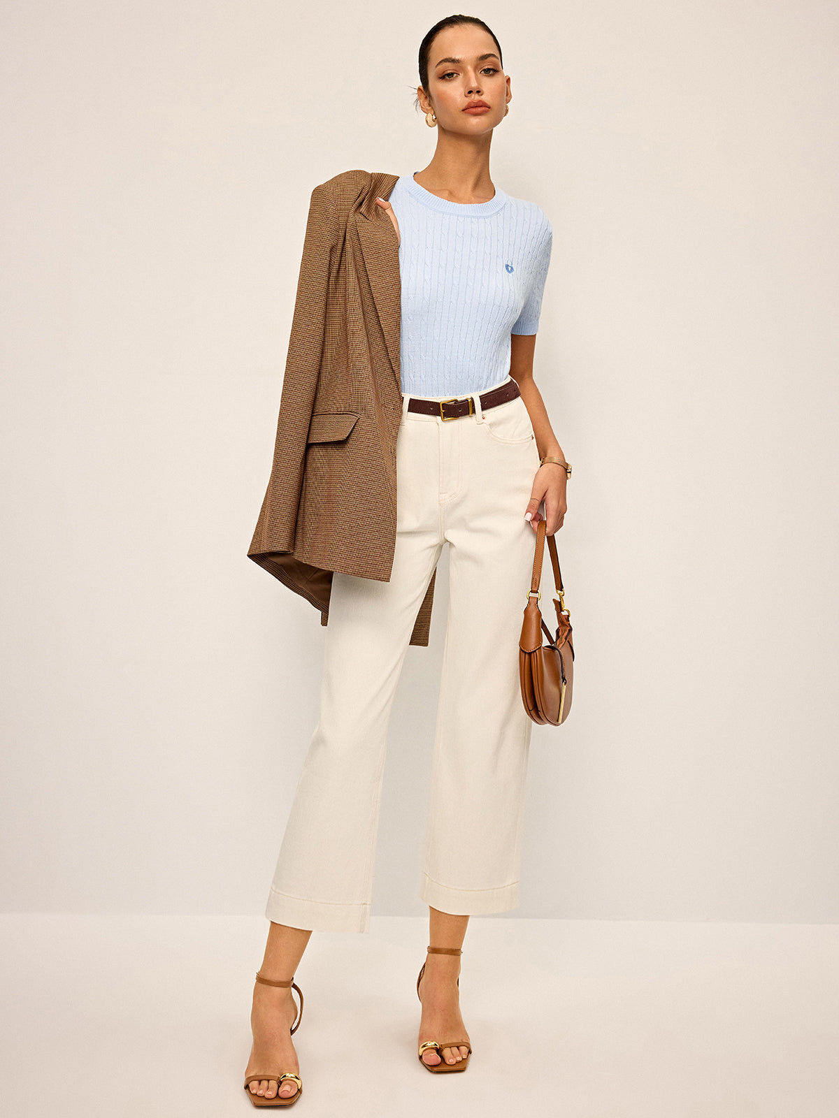 Heart Embroidered Crew Neck Cable Knit Top-Chicvia