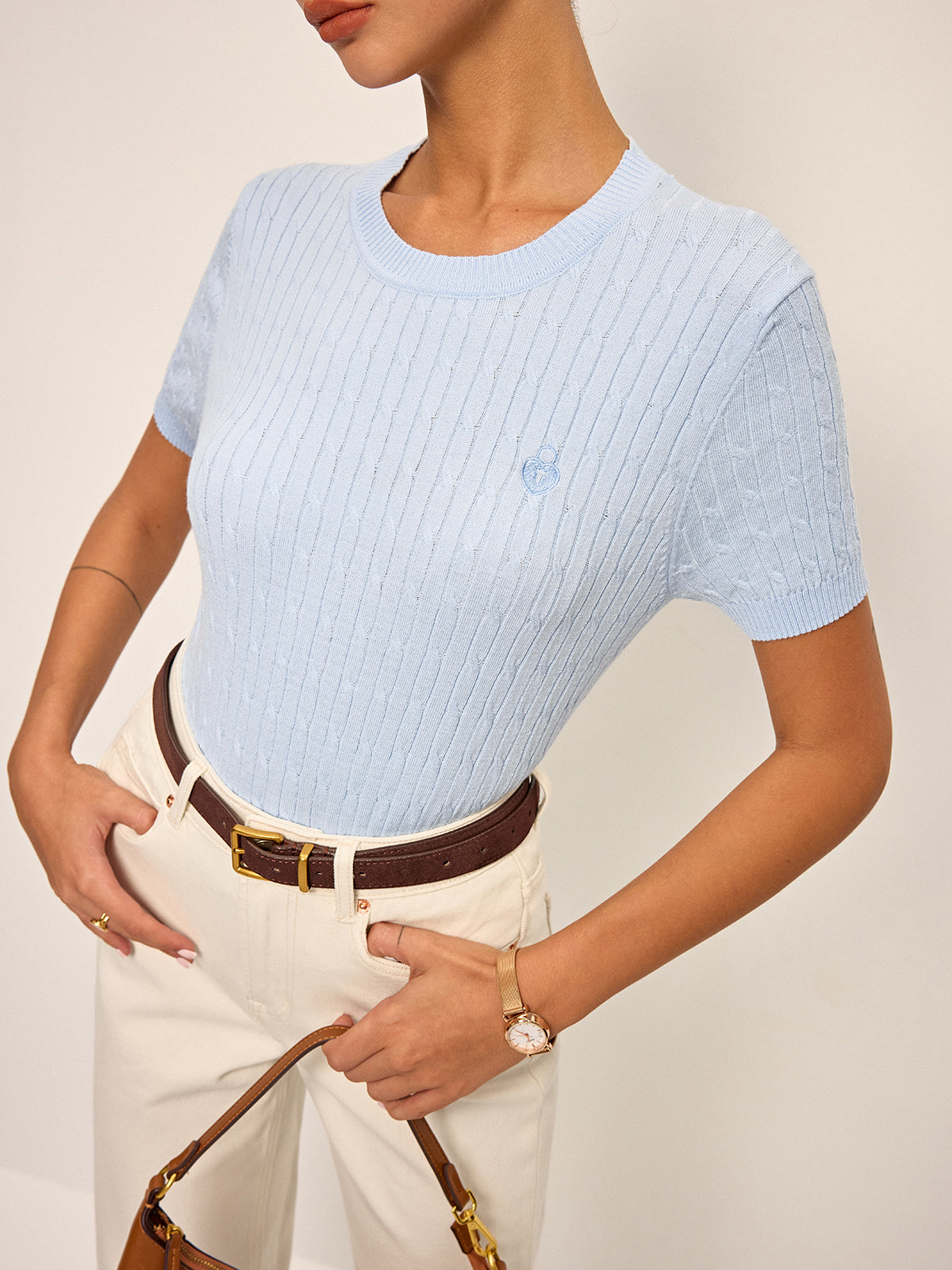 Heart Embroidered Crew Neck Cable Knit Top-Chicvia