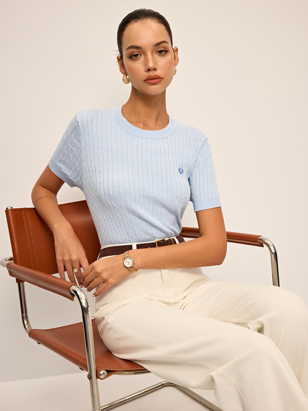 Heart Embroidered Crew Neck Cable Knit Top-Chicvia