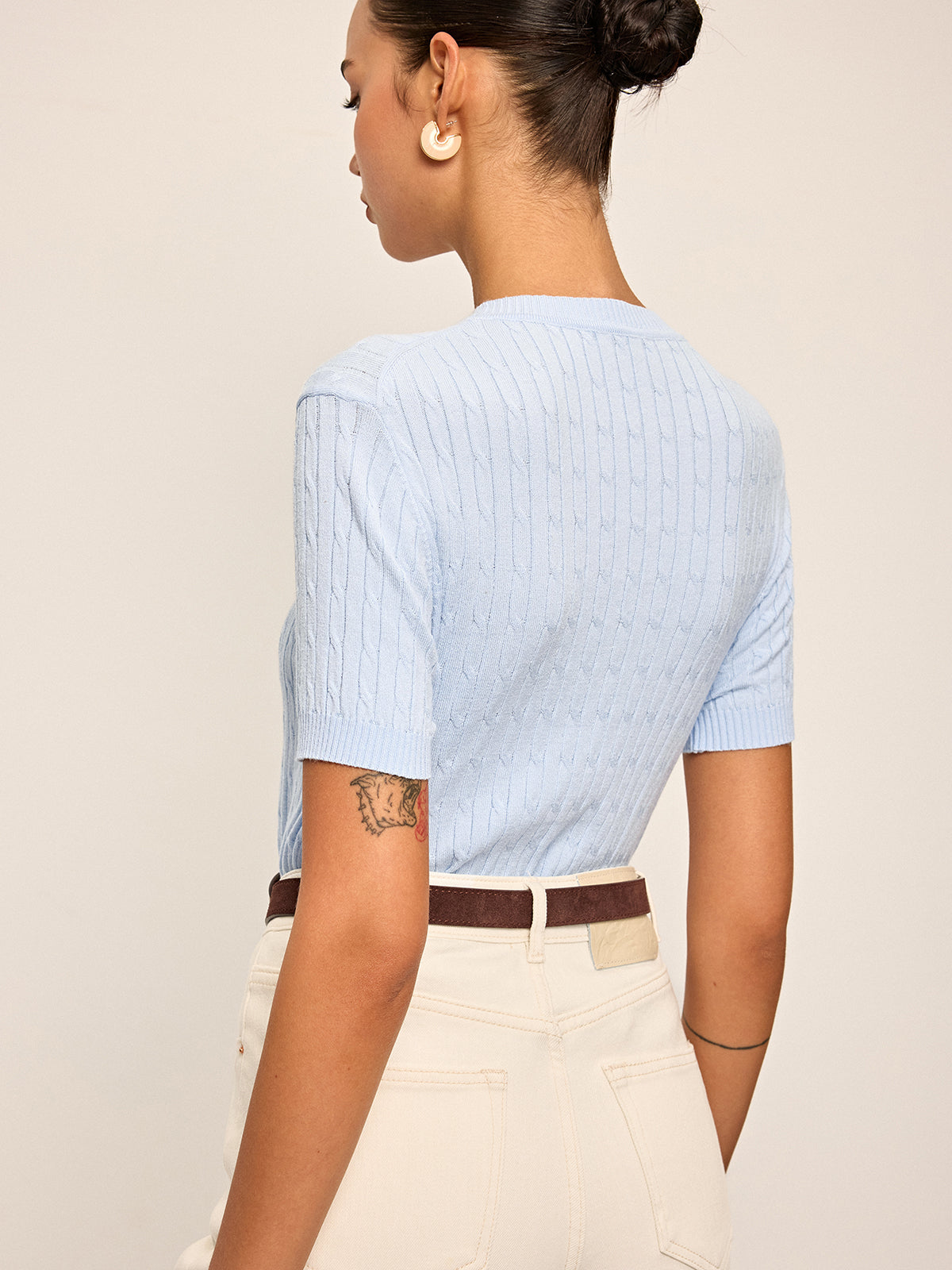 Heart Embroidered Crew Neck Cable Knit Top-Chicvia