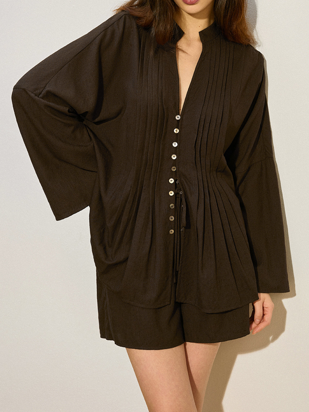 Pleated Button-Front Shorts Set-Chicvia