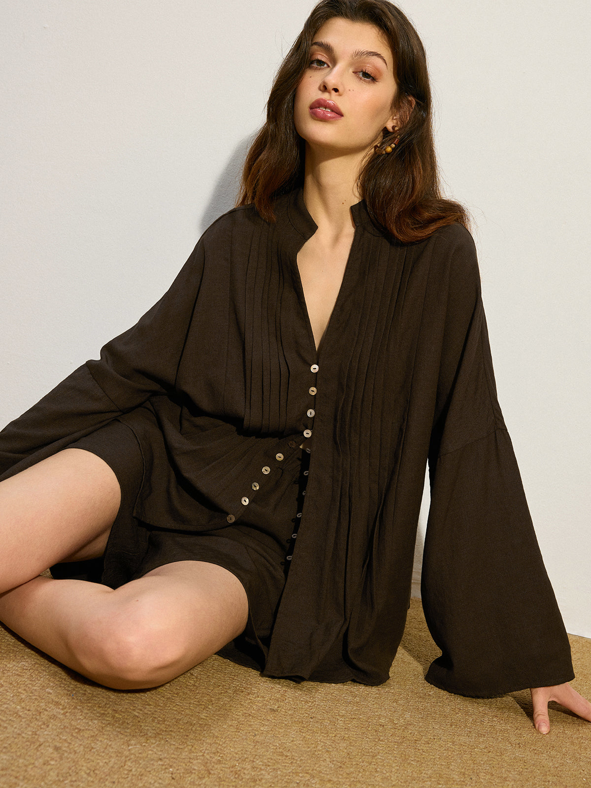 Pleated Button-Front Shorts Set-Chicvia