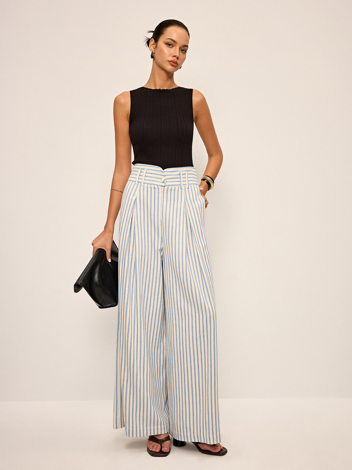 Cotton Striped Pleated Wide-Leg Pants-Chicvia