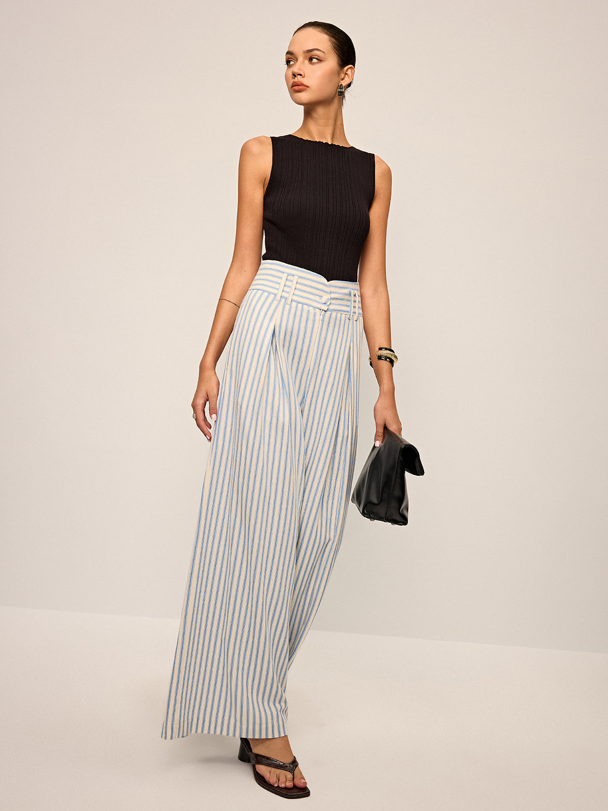 Cotton Striped Pleated Wide-Leg Pants-Chicvia