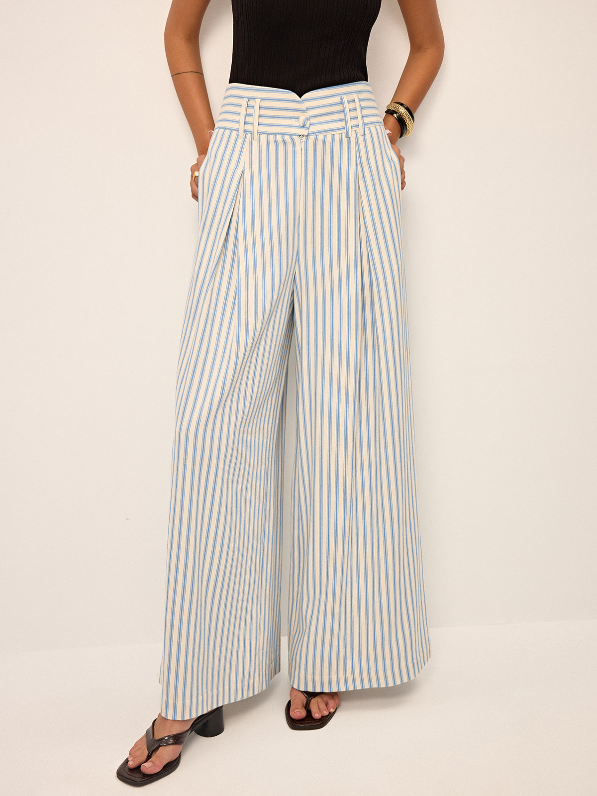 Cotton Striped Pleated Wide-Leg Pants-Chicvia