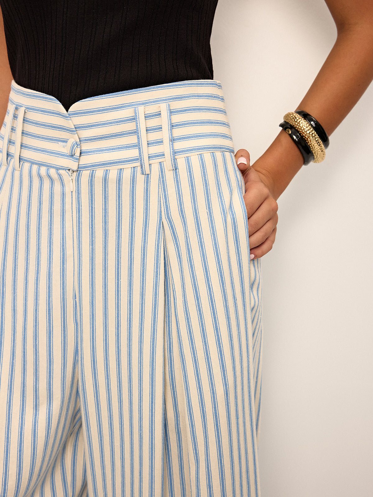 Cotton Striped Pleated Wide-Leg Pants-Chicvia
