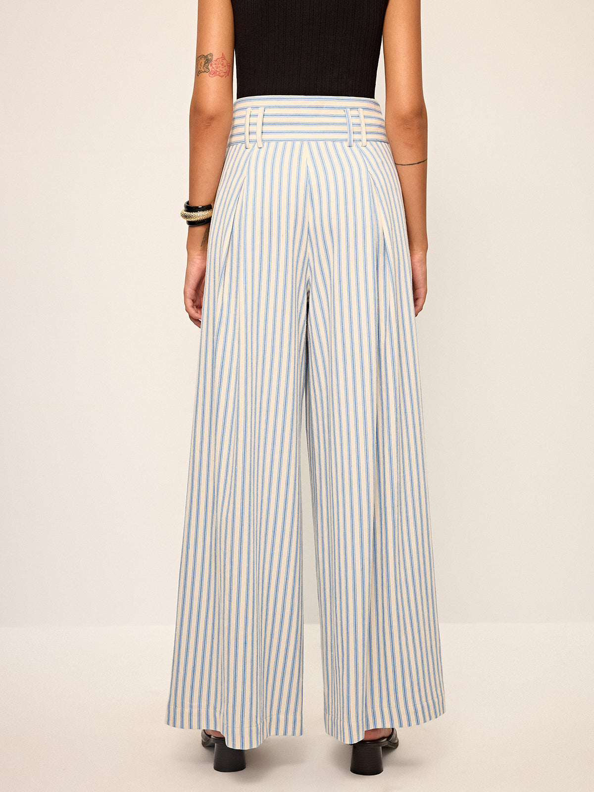 Cotton Striped Pleated Wide-Leg Pants-Chicvia