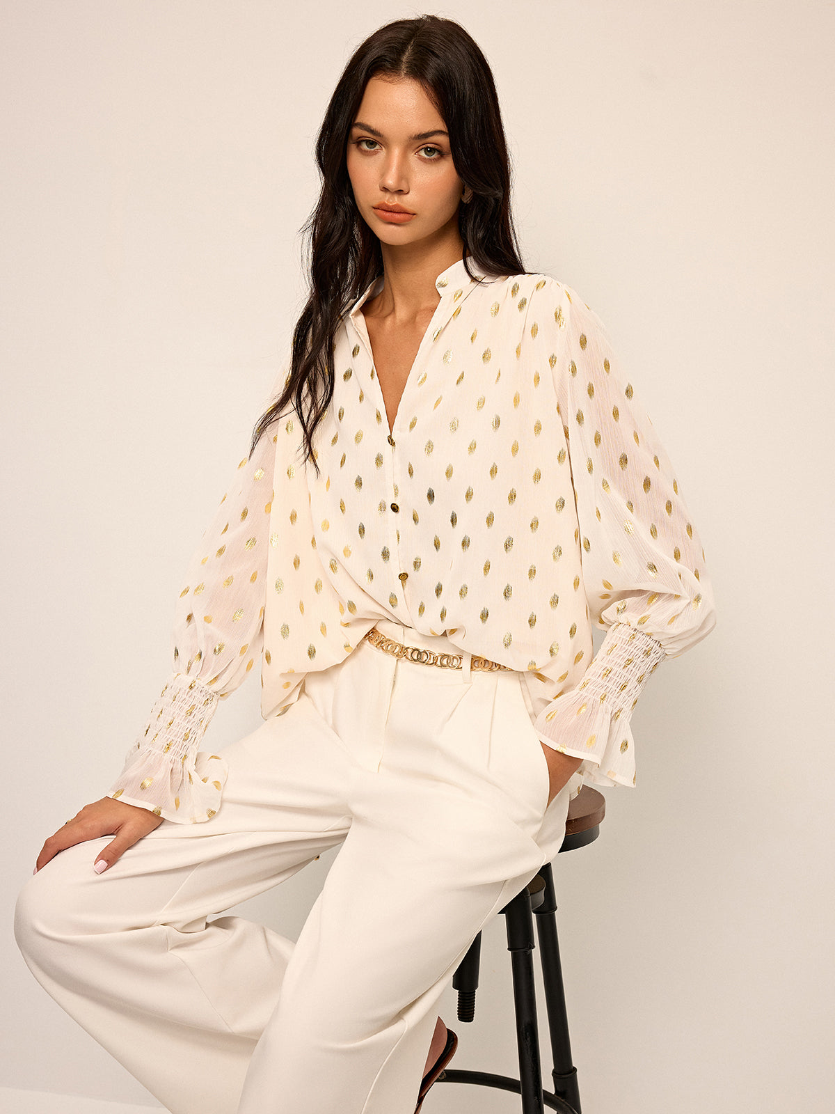 Polka Dot Chiffon Shirt-Chicvia